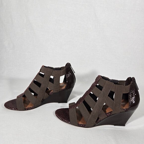 DONALD J PLINER Pira BROWN Watersnake & Stretchy Strappy Ankle Wedge Sandals 8M. - Picture 3 of 17